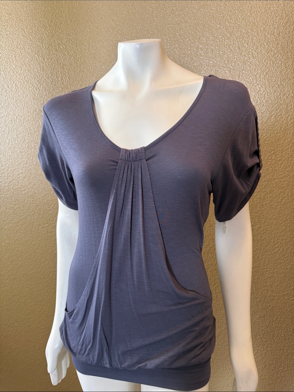 Y2K Buffalo David Bitton Slate Short Sleeve Pleated V-Neck Top